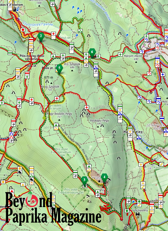 Topographic hiking map of the Pilis Hills showing the circular route around Pilis-tető. The marked trail starts at Kétbükkfa-nyereg, climbs past Fekete-kő viewpoint (2), continues to Pilis Clearing (3), reaches the Boldog Özséb Lookout Tower (4) on the summit, then returns through Kis-Szoplak and Nagy-Szoplak hills (5–6) back to the starting point.